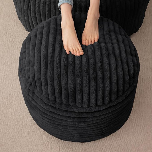 HIGOGOGO Round Stuffed Pouf Ottoman, Stripe Faux Fur Poufs with Foam Chunk Filling, Furry and Fluffy Pouf Foot Stool Storage Ottoman, 26 X 18 Floor Poufs Foot Rest for Living Room, Black