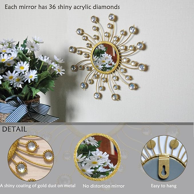 Mirror Wall Decor Wall Mirrors Decorative Sunburst Boho Mirror Gold Mirror Wall Art Metal Decor Mirror Hanging Living Room Bedroom Bathroom Set of 3
