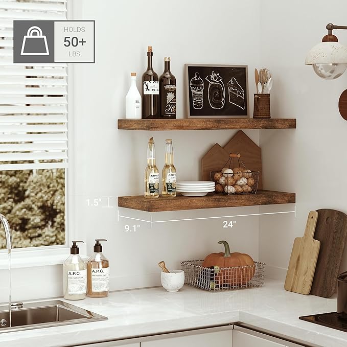 Floating Shelves for Wall 24 inchs Long, 9.1” Deep x 1.5” Thick Wall Shelves for Bedroom, Living Room, Bathroom,Kitchen, Office, Rustic Farmhouse Shelf Decor with Invisible Bracket, Set of 2