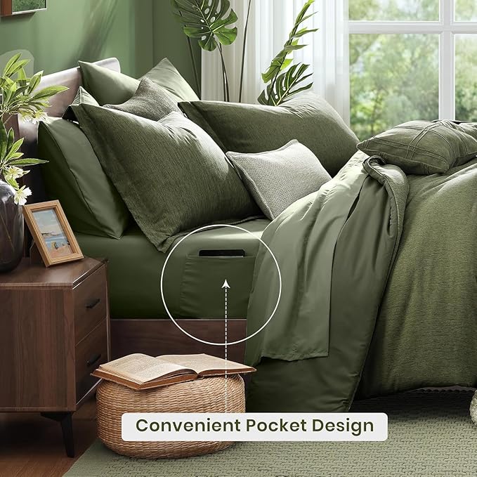 Monbix California King Comforter Set - 7 Pieces Cationic Dyeing Olive Green Bed in a Bag Cal King Bedding Sets with Comforter, Sheets, Pillowcases & Shams, Reversible Bedding Comforters Sets(108 * 92)