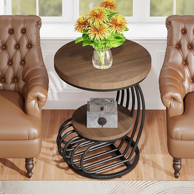 Tribesigns Round End Side Table: Side Table with 2 Tiers Storage Shelves, Vintage End Table for Living Room, Small Bedside Table Accent Table with Arc-Shaped Frame, Light Brown