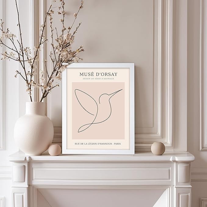 Poster Master Vintage Poster - Retro One Line Hummingbird Drawing Print - Bird Line Art - Minimal Gift for Him, Her, Animal Lover - Abstract Decor for Home, Office, 11x14 White Framed