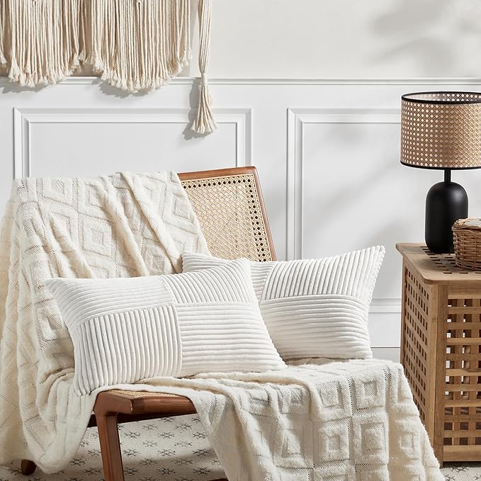 Fancy Homi 2 Packs Cream White Long Lumbar Decorative Throw Pillow Covers 16x24 Inch for Couch Bed Sofa, Rustic Farmhouse Boho Home Decor, Soft Striped Corduroy Rectangle Accent Cushion Case 40x60 cm