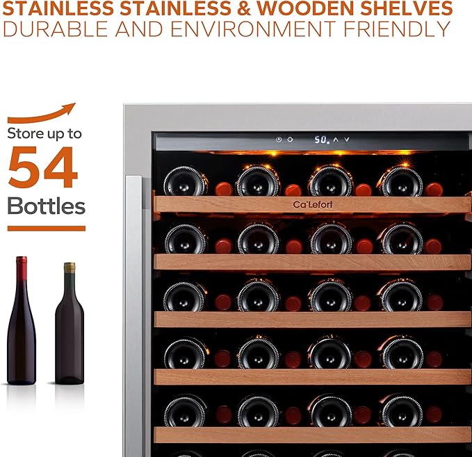 Ca'Lefort 24 Inch Wine Fridge, 54 Bottle Wine Cooler Refrigerator, 40-65°F Wine Refrigerator Glass Door, 3 LED Wine Fridge, Built-in or Freestanding Wine Fridge for Home/Bar/Kitchen (5.65 cu.ft)