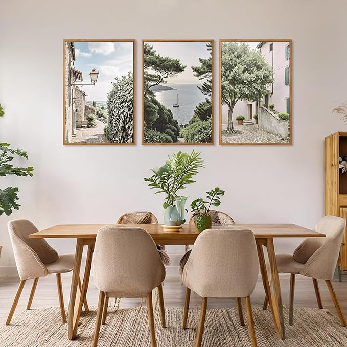 Aurlan Neutral Italy Cityscape Gallery Framed Wall Art(16"x24"), 3PCS Vintage Mediterranean Countryside Landscape Canvas Artwork, Large Town Coast Streets Travel Decor Prints for Office Home