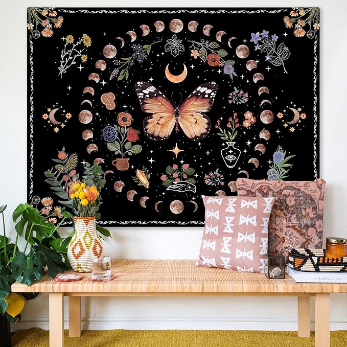 Fowocu Orange Butterfly Moon Flower Tapestry Boho Floral Plant Tapestries for Bedroom Aesthetic Tapastry's Wall Hanging Mandala Botanical Wall Tapestry for Living Room Dorm (Yellow, 80'' × 60'')