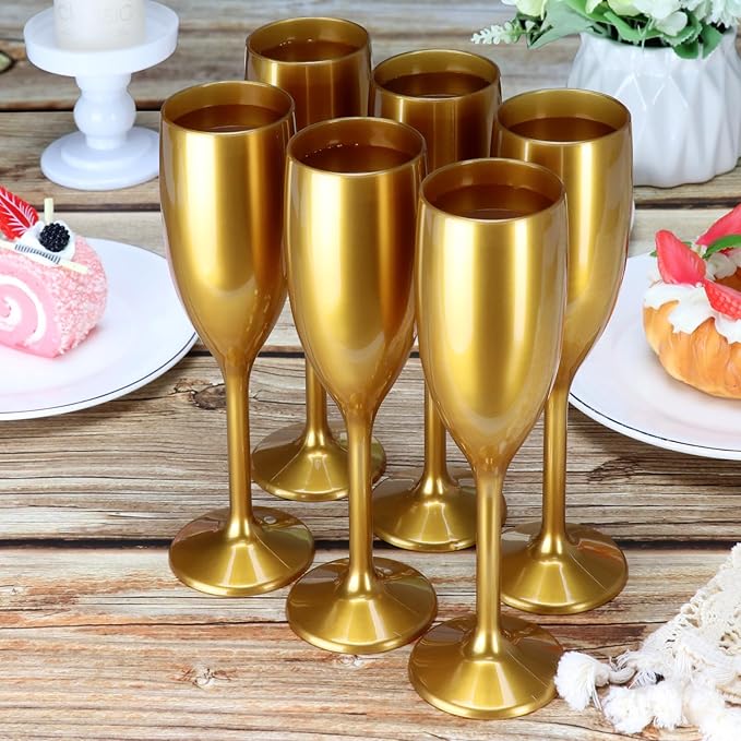 XUWAIDSGN Acrylic Champagne Flutes Toasting Glasses Unbreakable Mimosa Bar Reusable Wine Glasses Vintage Champagne Flutes Stemmed Drinking Cups 5.4 OZ for Christmas Birthday (10, Gold)
