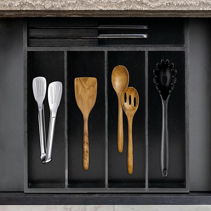 VaeFae Bamboo Silverware Organizer, Utensil Holder for Drawer, Wooden Cutlery Tray with Divider for Kitchen Drawer, Utensil Organizer with Knife Block(Black)