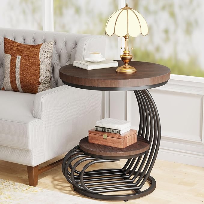 Tribesigns Round End Side Table: 2 Tiers Side Table Set of 2, Vintage End Table for Living Room, Small Bedside Table Accent Table with Arc-Shaped Frame, Rustic Brown