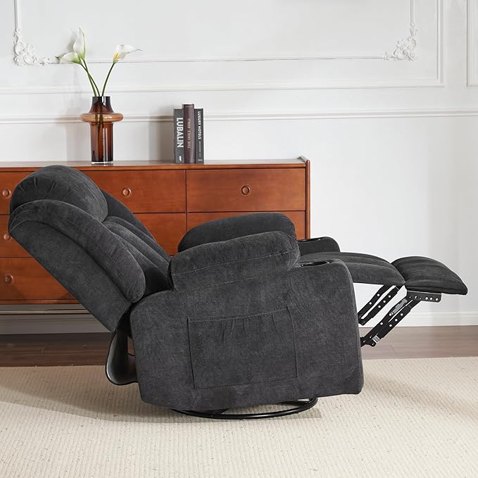 Rocker Swivel Recliner Chair for Adults, Overstuffed Large Manual Recliner Glider with Massage and Heat, Comfy Soft Fabric Living Room Reclining Sofa Chair (Black Fabric)