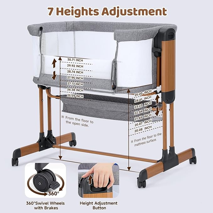 Ezebaby 3-in-1 Baby Bassinet, Rocking Baby Bassinets Bedside Sleeper, Adjustable Portable Crib for Newborn Infant with Wheels Storage Basket and Mesh Sides