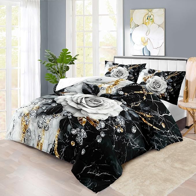 Marble Floral Comforter Set for King Bed Women,Vintage Flower Bedding Set King,White and Black Comforter Rose Quilt for Girls,Rose Bedding Floral Bedroom Decor Adults