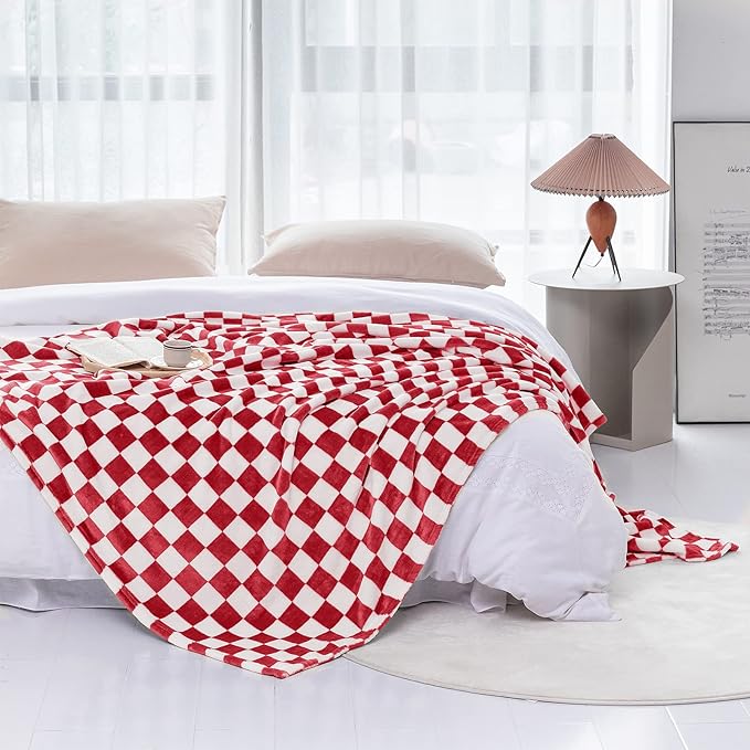 LOMAO Throw Blankets Flannel Blanket with Checkerboard Grid Pattern Soft Throw Blanket for Couch, Bed, Sofa Luxurious Warm and Cozy for All Seasons (Red, 60"x80")
