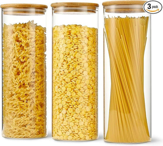 70oz Straight cylindrical Airtight Storage Jars with Bamboo Lid Set of 3 Storage Container Glass Jars, Kitchen Canister for Noodles, Pasta and Coffee beans (with Black Lable)