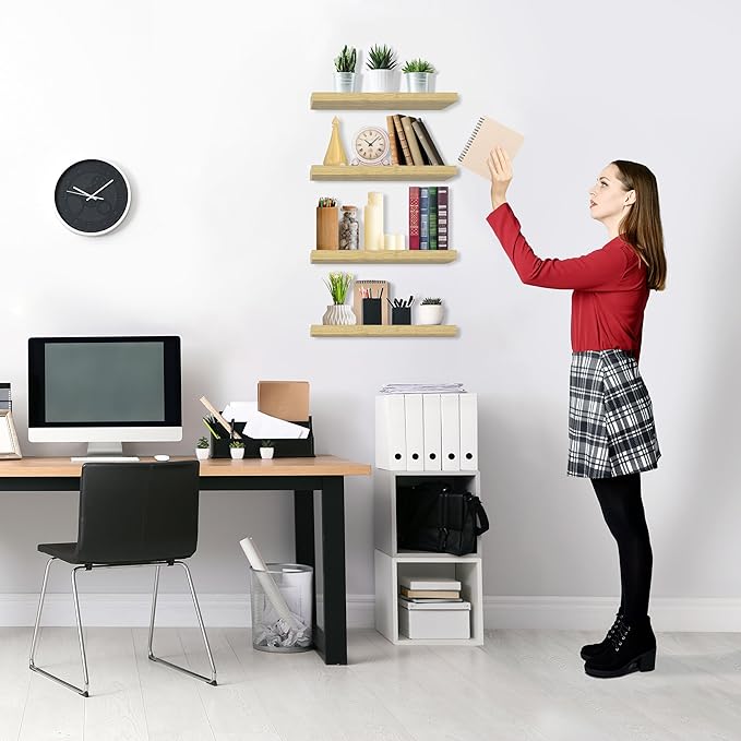 Sorbus Floating Shelves for Wall, Bathroom Shelves Wall Mounted for Kitchen, Bedroom, Living Room, Bathroom Storage, Over Toilet, Hanging Book Shelf for Wall Home Decor (Maple Wood, 4 Pack)