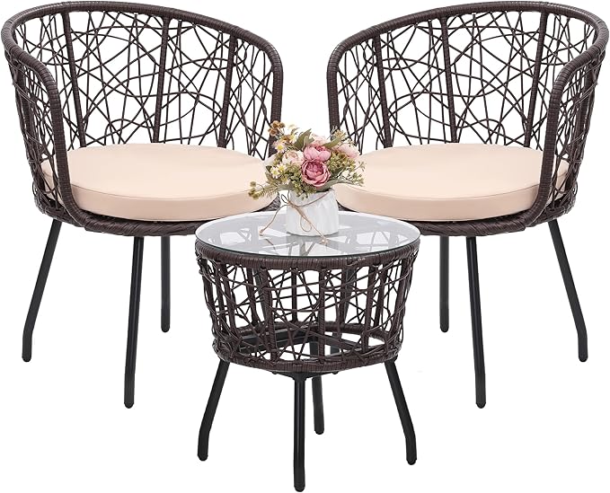 Kromax 3 Piece Bistro Set, Modern Outdoor Wicker Patio Furniture with Tempered Glass Table Top and 2 Chairs, Washable Cushions, Brown Rattan and Begie Cushion