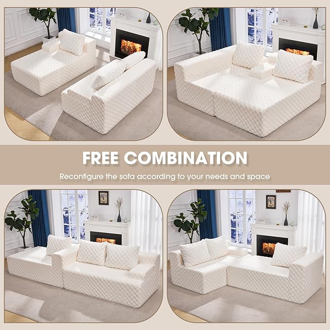 Hobestluk 96” Modular Sectional Sofa Couches L-Shape Couch 3 Seat Modular Sofa Memory Foam Sectional Couches for Living Room, Cloud Couch with Oversized Chaise (White, Checked (Left Facing Chaise))