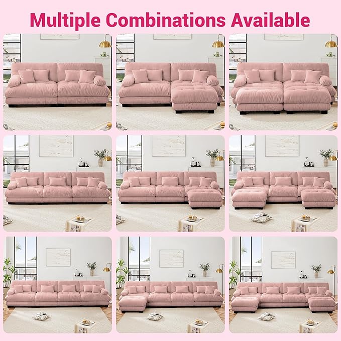 U Shaped Couch Sectional Couch, 4-Seater Cloud Couch Sectional Oversized Couch, Sofa Bed Couch with Round Bolster Armrests 6 Pillows, Modular Couch Home Sofa Living Room Couch(Pink)