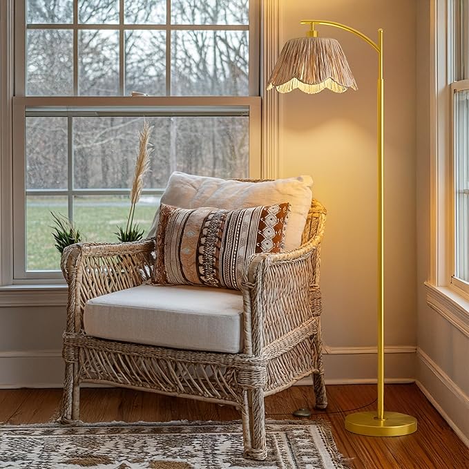 Oneach Boho Floor Lamp with 3 Color Temperatures, Farmhouse Floor Lamps for Living Room with Remote & Dimmable Bulb, Rattan Floor Lamp for Bedroom, Gold