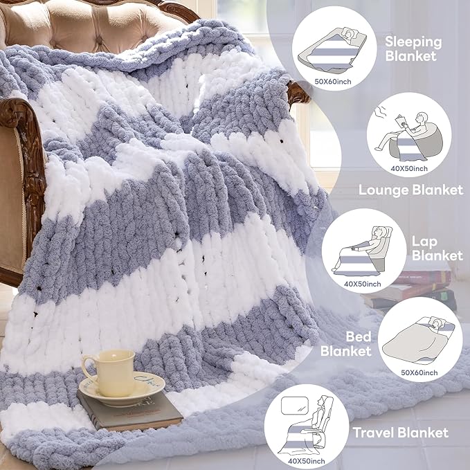 Chunky Knit Blanket - Luxury Soft Cozy 50 * 60 Throw Blanket,100% Woven Blanket Rope Knot Throw Blanket for Couch, Sofa, Home Decor, Gift - Machine Washable(White/Light Gray)