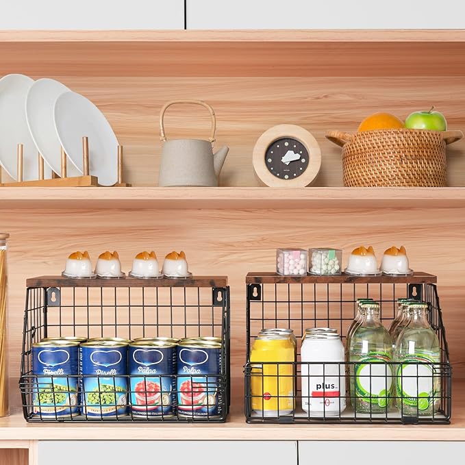 Fruit Basket, Stackable Wall Mounted Fruit Baskets, Potato Baskets Onion Storage for Kitchen, Hanging Wire Basket with Wood Lid, 2-Tier Vegetable Organizer Kitchen Countertop Organization
