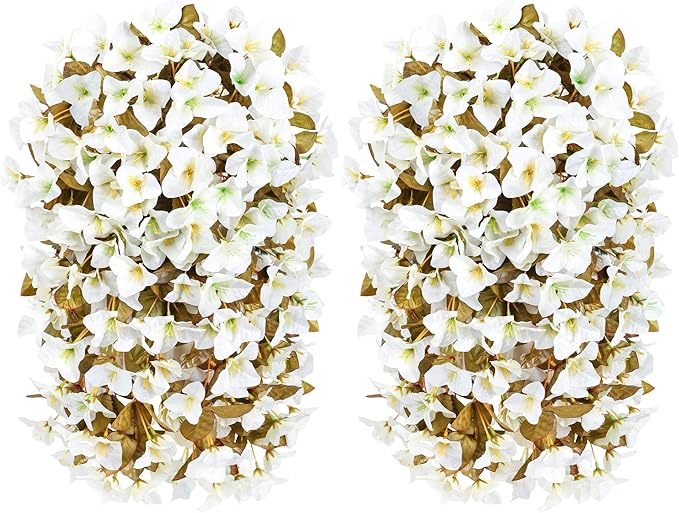 Bougainvillea Artificial Flowers Plants for Outdoors Outside Fall Autumn Decoration, 2 pcs Faux Silk Long Trailing Vines UV Resistant Look Real White Fake Flowers for Front Door Porch Planter Urn Yard