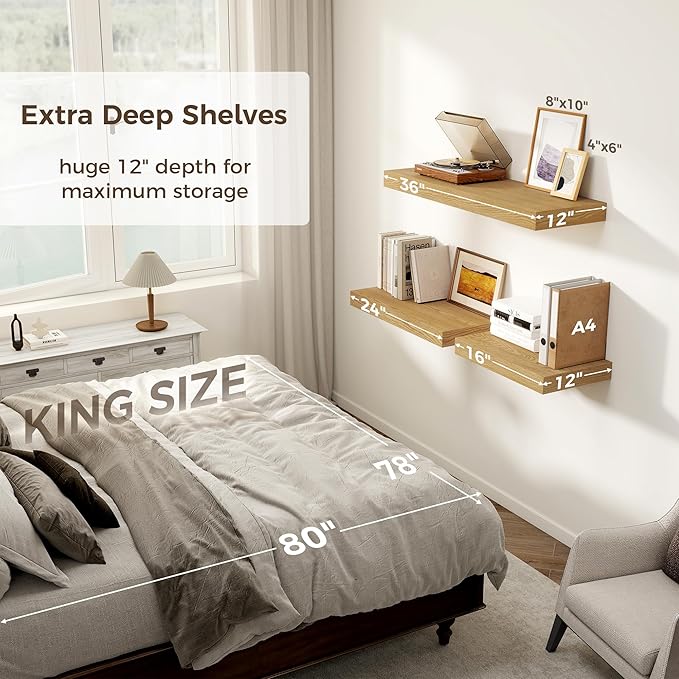 Floating Shelves 36 Inch Long, 12 Inch Deep Floating Shelves for Wall, 36 x 12 Shelves for Wall Storage & Display, 2" Thick Floating Shelf for Bathroom, Living Room, Bedroom, Oak Color, Set of 2