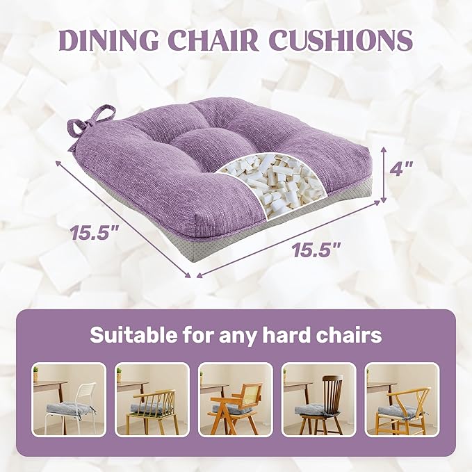 puredown® Chair Cushions for Dining Chairs, Tufted Memory Foam Chair Pads with Non-Slip Backing, Kitchen Seat Cushions with Ties, Washable Seat Pads Set of 4, 15.5" x 15.5" x 4", Purple