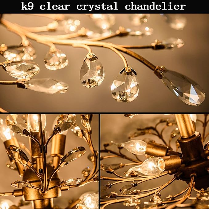 Ganeed Crystal Chandeliers,Vintage Pendant Lighting Crystal Chandelier Lighting Fixtures with 8 Lights,Ceiling Light Fixture for Living Room Bedroom Restaurant Porch Hallway (Gold)