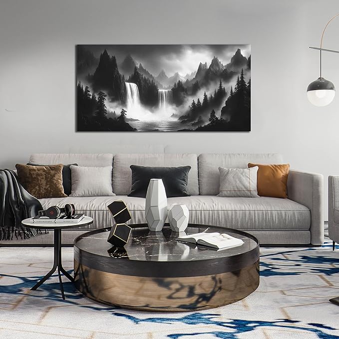 HUBOSKN Waterfall Pictures Wall Decor for Living Room - Mountain Wall Art for Office - Black and White Canvas Wall Art for Bedroom Size 24" x 48"