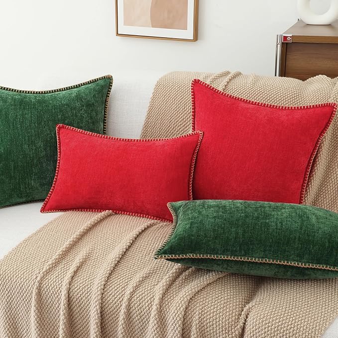 decorUhome Chenille Soft Throw Pillow Covers 20x20 Set of 2, Farmhouse Velvet Neutral Decorative Euro Pillow Covers with Stitched Edge for Couch Sofa Bed Home Decor, Red