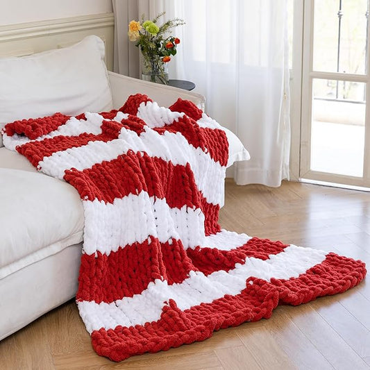 Chunky Knit Blanket - Luxury Soft Cozy 60 * 80 Throw Blanket,100% Woven Blanket Rope Knot Throw Blanket for Couch, Sofa, Home Decor, Gift - Machine Washable(White/Wine red)