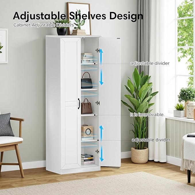 71" Tall Pantry Cabinet/Storage Cabinet, Wood Cupboard with 2 Door and 3 Adjustable Shelves for Kitchen, Dining Room, Living Room, Bathroom (Style 2)