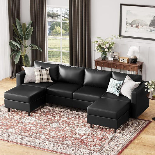 118.5" Oversized Modular Sectional Sofa, Faux Leather 6 Seater U Shaped Couch with Movable Ottoman and Storage Seat with Reversible Chaise Deep Seat for Living Room Black