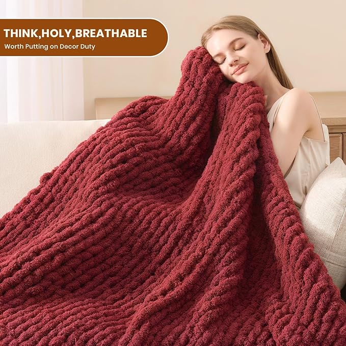 L'AGRATY Chunky Knit Blanket Throw: 50''x60'' Chenille Chunky Knitted Throw Blankets for Bed Couch - Handmade Thick Cable Knit Blanket - Large Crochet Rope Blankets for Home Decor(Maroon Red)