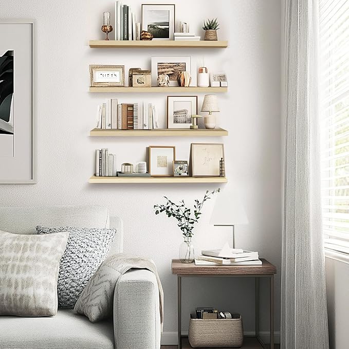 Floating Wall Shelves 4-Pack - Rustic Wood 16-inch Wooden Wall Shelves for Storage and Décor, Multi-Functional and Easy to Install for Living Room, Bedroom, and Kitchen