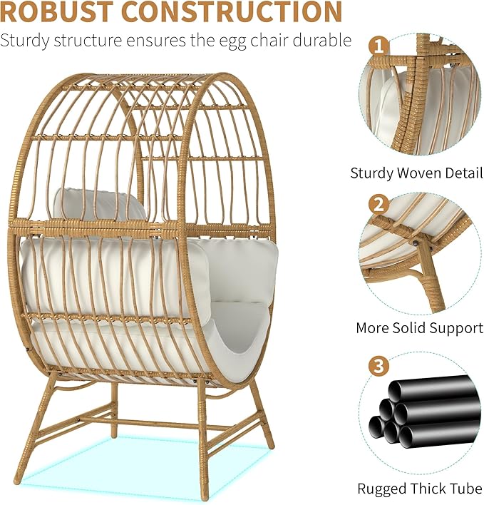 Egg Chair Outdoor Indoor, Oversized Rattan Chair with Thicken Cushion, 350LBS Capacity Wicker Patio Lounge Chair, Basket Chair for Living Room Balcony Porch Backyard, Beige