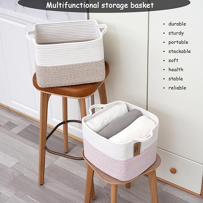 COMFY-HOMI Cotton Rope Woven Basket with Handles for Shelves,Toys,Book, Cloth Storage Baskets for Organizing-13.5" x 11" x 9.5" Toy Decorative Organizer for Living Room, Bathroom (White/Brown)