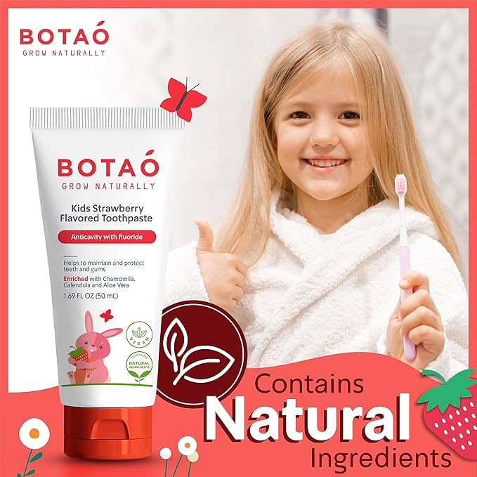 Kids Natural Strawberry Flavored Anticavity Fluoride Toothpaste Maximum Cavity Protection Cleans Children’s Teeth Protects Gums Chamomile Aloe Vera Calendula Xylitol for Ages 2 and Up