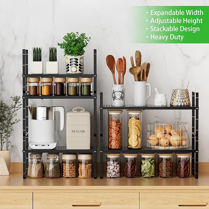 Expandable Cabinet Storage Shelf Stackable Organizer Rack for Kitchen Bathroom Pantry Spice Cupboard Coffee Countertop Home Office Desk Heavy Duty Nonslip Black Large 1 PACK