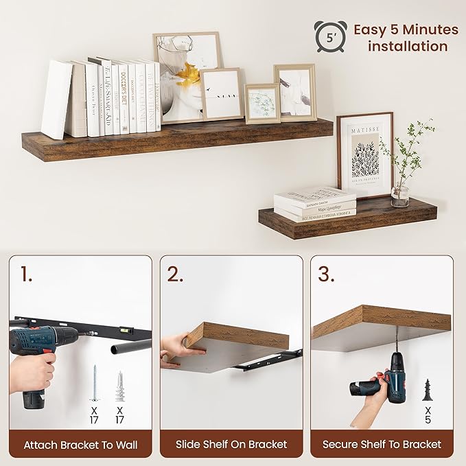 12" Deep Floating Shelves for Wall 36 Inches Long, Heavy Duty Wall Shelves for Bedroom Bathroom Kitchen Laundry Room, Farmhouse Rustic Shelves for Home Decor, 36" X 12" X 2" Set Of 2, Rustic Brown