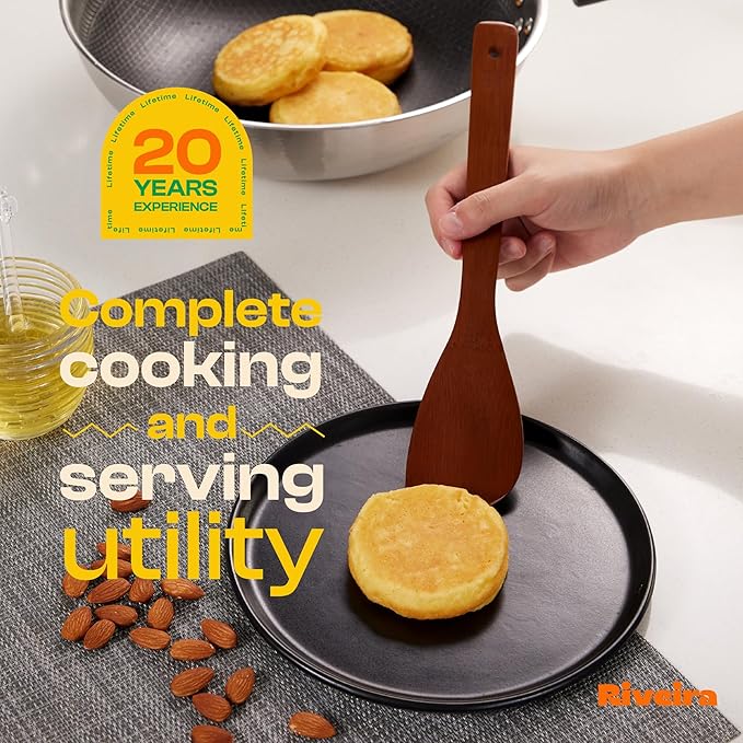 Riveira Premium Brown Bamboo Wooden Spoons for Cooking Set of 6 – Premium Brown Bamboo Wooden Cooking Utensils, Wooden Spatula, Wooden Spoon - Premium Quality Wooden Utensil Set for Non-Toxic Cooking
