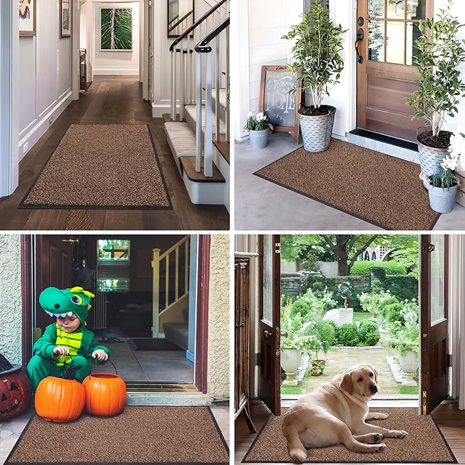 Mibao Front Door Mat, Dirt Trapper Welcome Mat for Outdoor Indoor, Non-Slip Waterproof Doormat, Durable Machine Washable Low Profile Entry Rug for Back Door Outside Patio Porch, 60" x 36", Brown