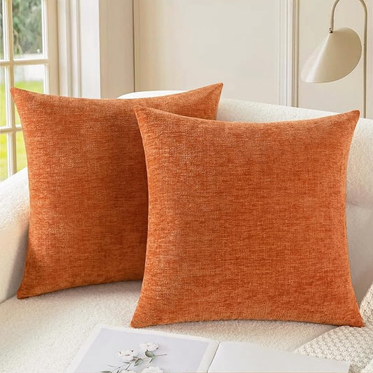 CaliTime Fall Throw Pillow Covers Decorative 18 X 18 Inches Pack of 2 Cozy Chenille Cushion Cases for Couch Sofa Bed Living Room Home Burnt Orange