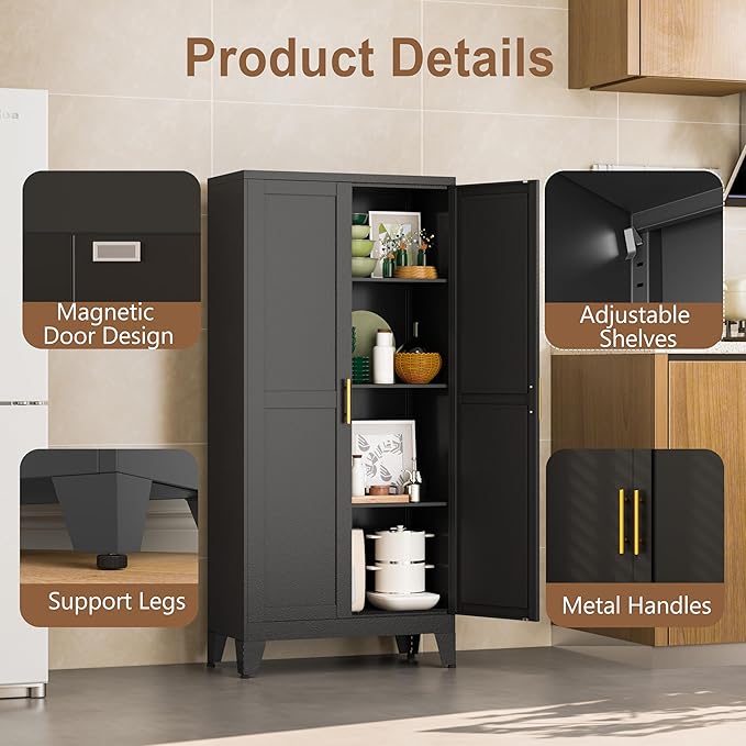 Metal Kitchen Pantry Storage Cabinet with 2 Doors and 3 Adjustable Shelves,Pantry Cabinet with Adjustable Leveling Foot for Kitchen, Living Room, Dining Room(Black)