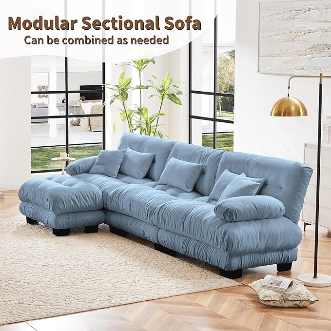 Modular Sectional Sofa, Comfy Cloud Couch 3 Seater Couch with Ottoman, Sectional Couches for Living Room, Modern Chenille L Shaped Couches, Sleeper Deep Seat Sofa with Throw Pillows, Blue