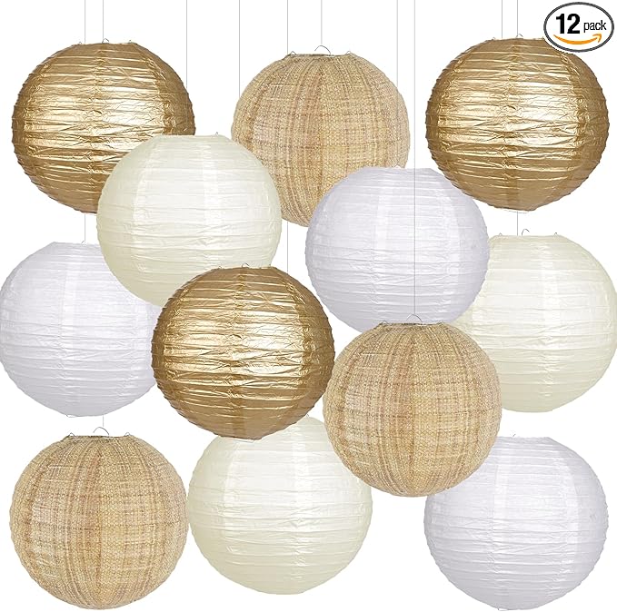 Paper Lanterns Gold White Round Hanging Chinese Lanterns for Wedding Birthday Party Boho Baby Shower Decorations Pack of 12