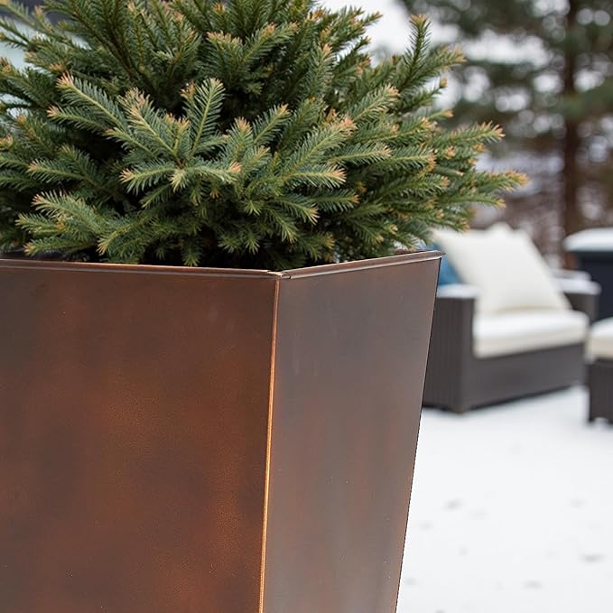 WORTH Garden Large Metal Planter Set of 2 (25" & 28" H.), Matte Bronze Retro Finish Tall Square Tapered Steel Plant Pots, Decor Flower Pot Indoor & Outdoor, Drainage Hole & Dual-Purpose Plant Saucer