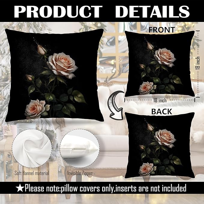 William Morris Inspired-Dark Rose Floral Pillow Covers 18x18 Set of 2, Dark Cottagecore Decor, Vintage Moody Rustic Rose Flower Botanical Decorative Pillow Covers for Home Living Room Bedroom