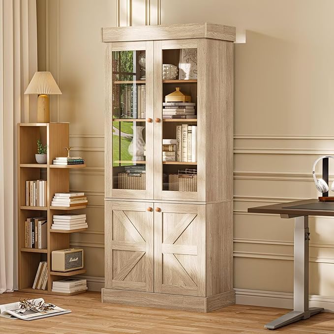 Vyre 71" Tall Farmhouse Bookshelves with Glass Doors, Set of 2 – Large Modular Bookcase with Adjustable Shelves, Storage Cabinet for Living Room, Kitchen, Home Office, Brown